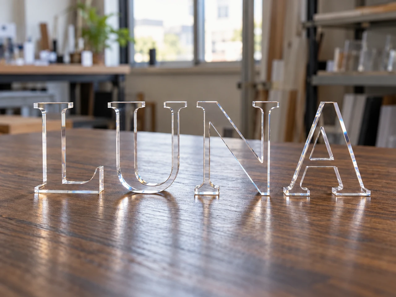 卓上に置いた透明なLUNAのアクリル切り文字