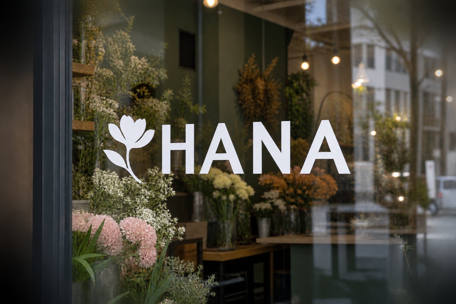 花店のガラス面に貼ったHANAの文字と白い花のシルエットロゴのカッティングステッカー