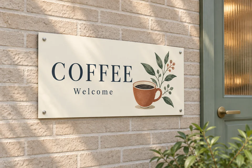 淡いレンガ壁とくすみグリーンのドアの横に取り付けた、コーヒーカップと植物を印刷した横長のプレート看板