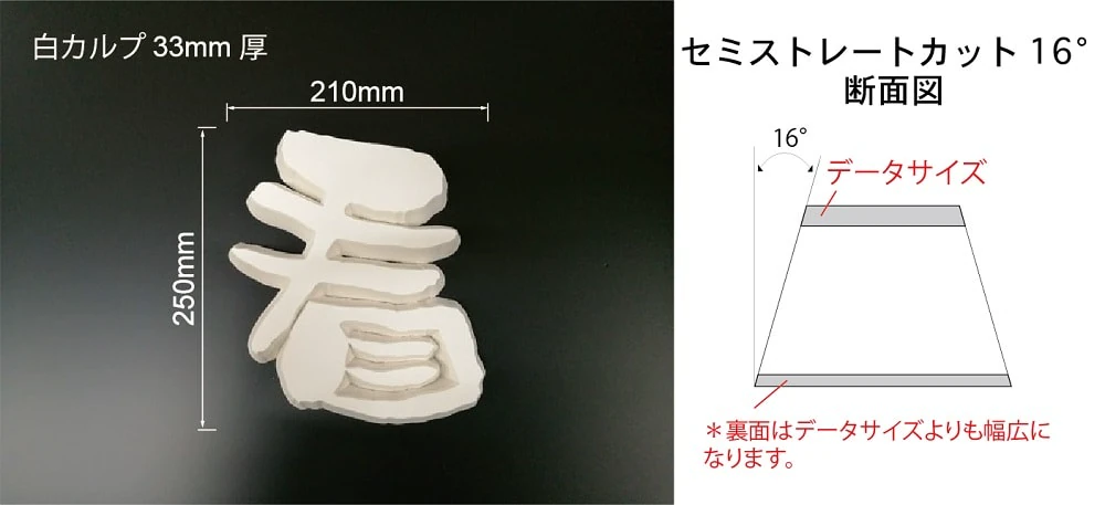 セミストレート16度のカルプ文字製品写真と、側面に16度の角度を付けた断面図