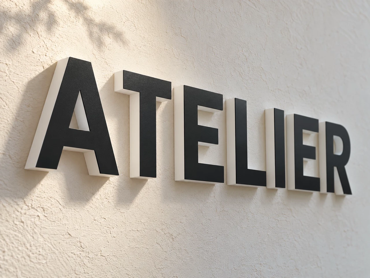 白い壁に取り付けたATELIERのカルプ文字。黒い表面と白い側面の厚みが見える