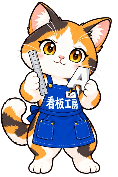 定規と立体文字を持ち、製作内容を確認するミィちゃん