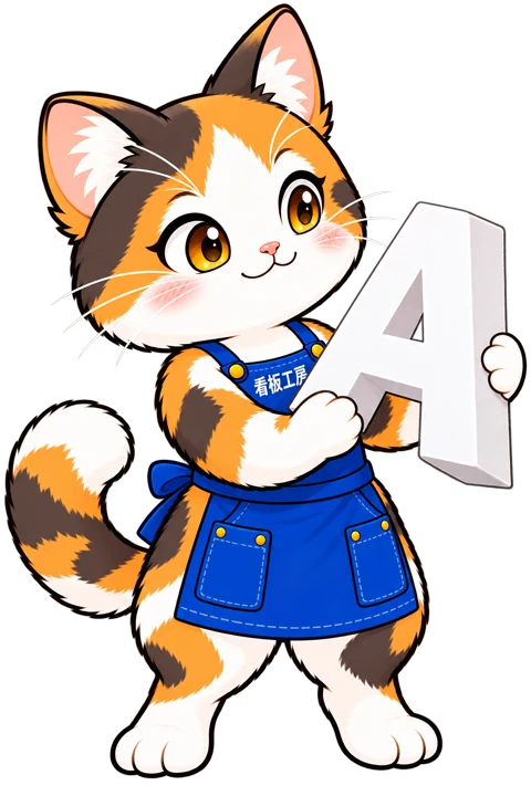 斜め向きで白いカルプ文字を持ち、厚みを紹介するミィちゃん