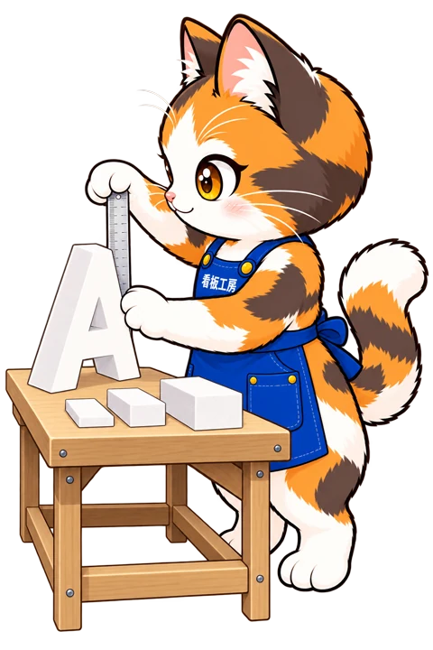 横顔でカルプ文字の寸法と厚み見本を確認するミィちゃん