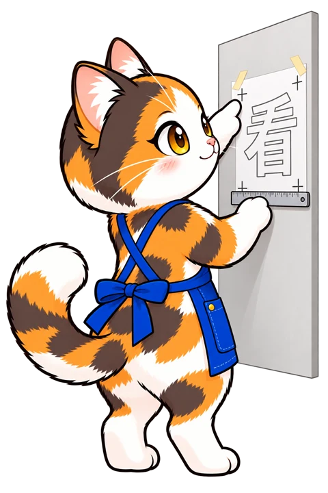 斜め後ろから壁面の位置合わせ原稿を確認するミィちゃん