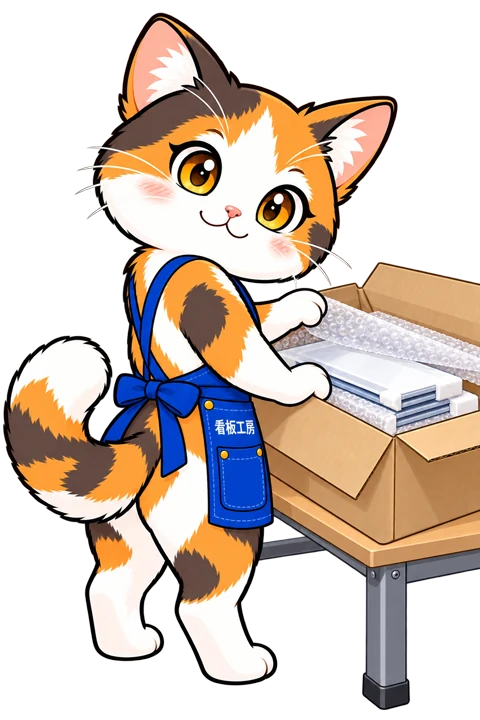 斜め後ろから箱の中の看板と緩衝材を確認するミィちゃん