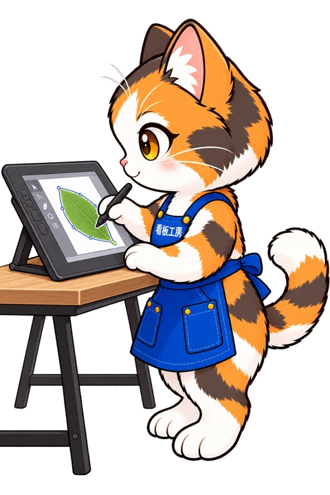横顔で葉の輪郭をペンでトレースするミィちゃん