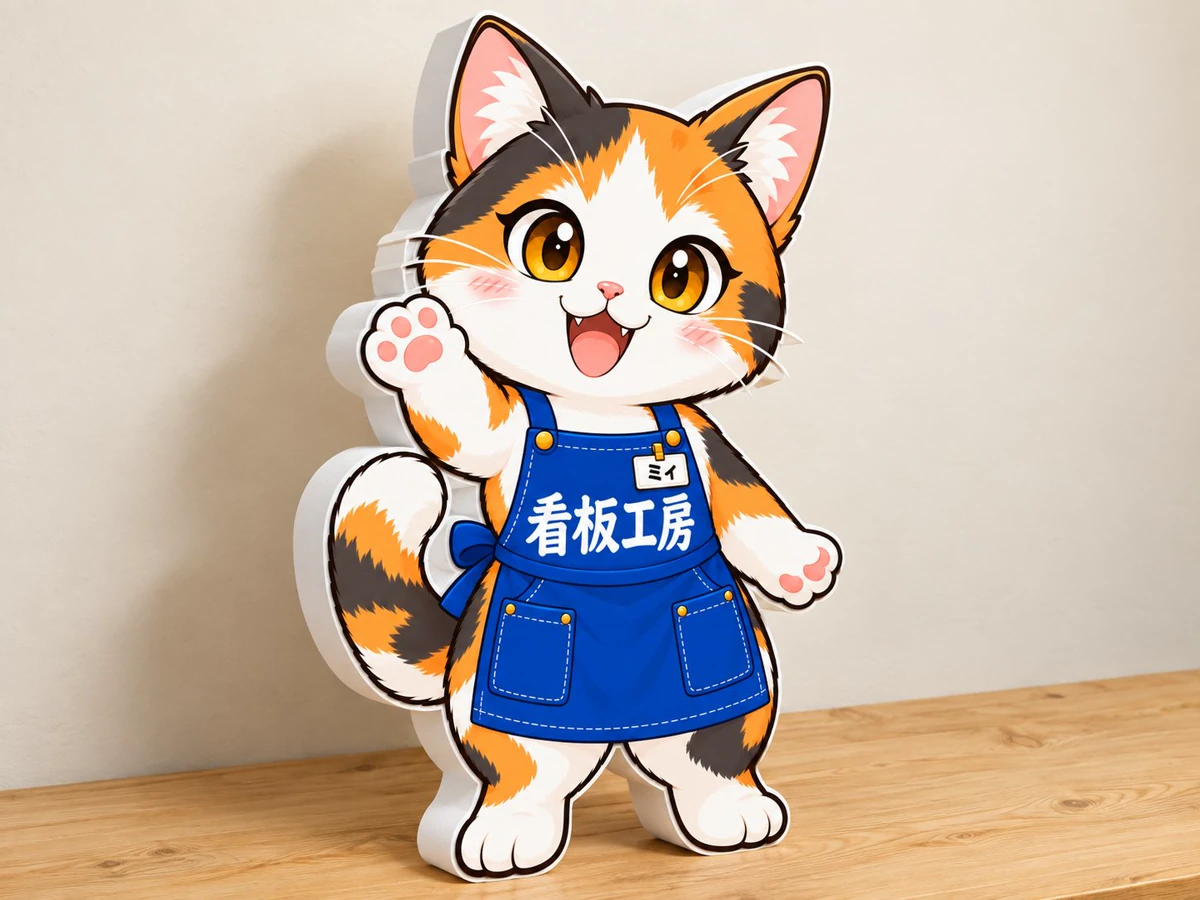 ミィちゃんのイラストをフルカラーで印刷し、輪郭カットしたプリントカルプの見本
