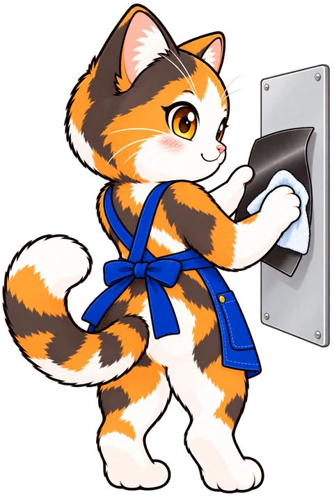 斜め後ろ姿で外したマグネットの裏面を布で拭くミィちゃん