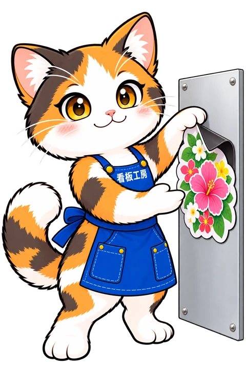 斜め向きでスチール板へマグネットを貼るミィちゃん